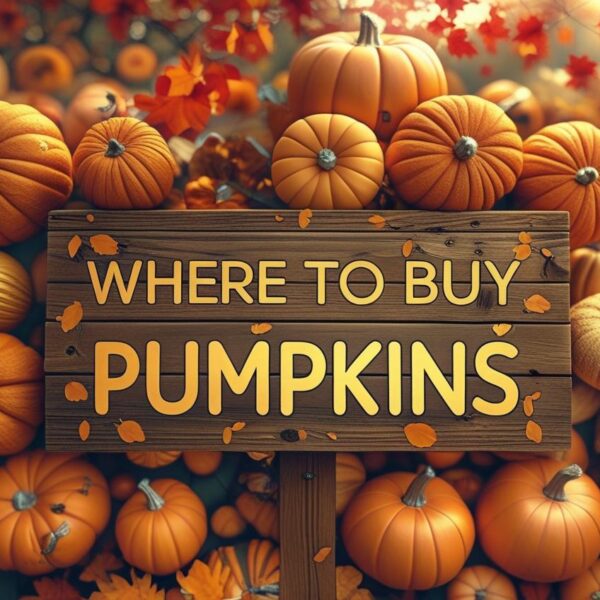 pumpkins in a field with a wooden sign that says where to buy pumpkins